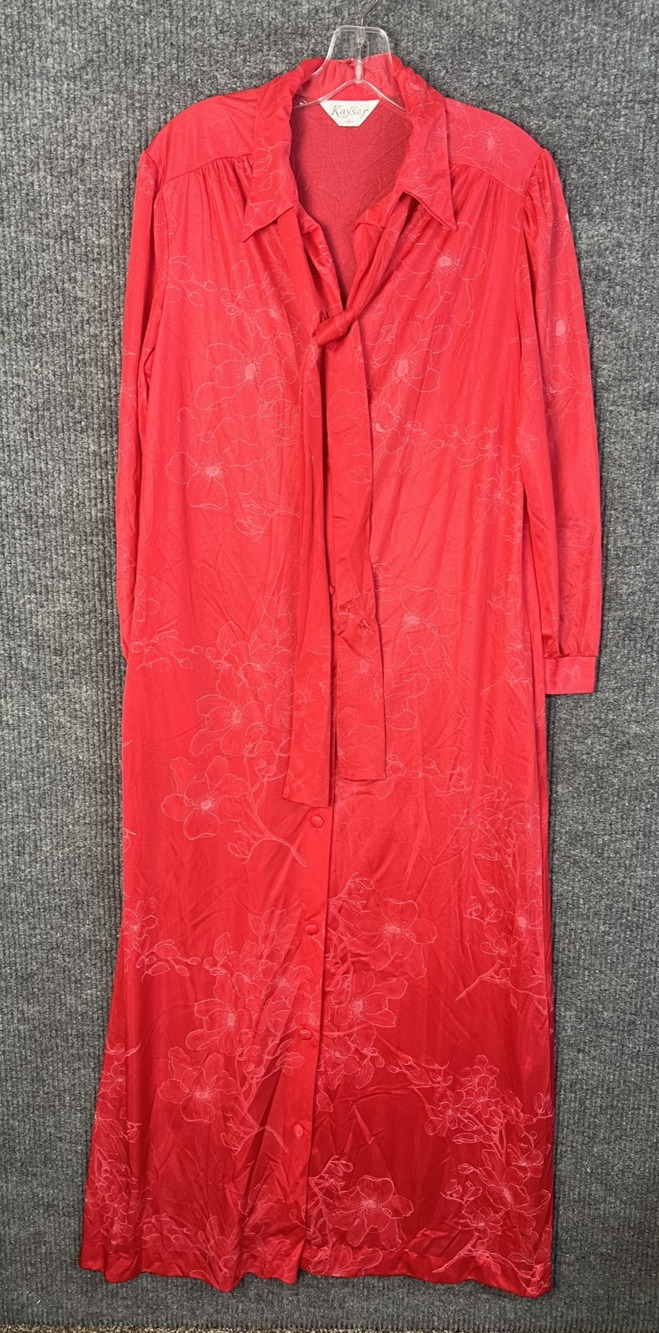 Vintage Kayser Nightgown Womens Medium Red Floral Asian Tie Neckline Nylon